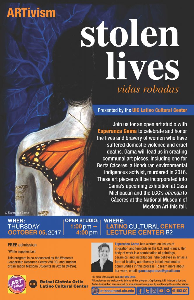 A drawing of a the left half of a person's back with half a large monarch butterfly sitting or attached to the back, with event details printed next to it.