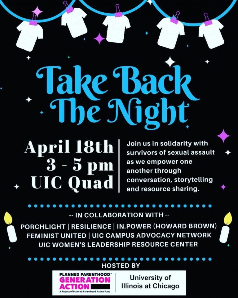 Take Back the Night in turquoise letters with text details about the event in white letters, on a black background, with white t-shirts hanging on a clothesline at the top.