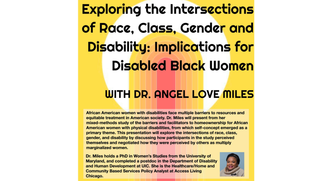 The text transcribed above appears in black on a yellow background with a large white circle near the top, overlaid by a red rounded column surrounded by concentric orange shapes that radiate out like an elongated rainbow. Near the bio information is a small portrait of Angel Miles, a smiling Black woman with short hair, wearing a headband and a tan cowl-necked sweater. The DCC, AACC, and WLRC logos are in red at the top of the flyer.