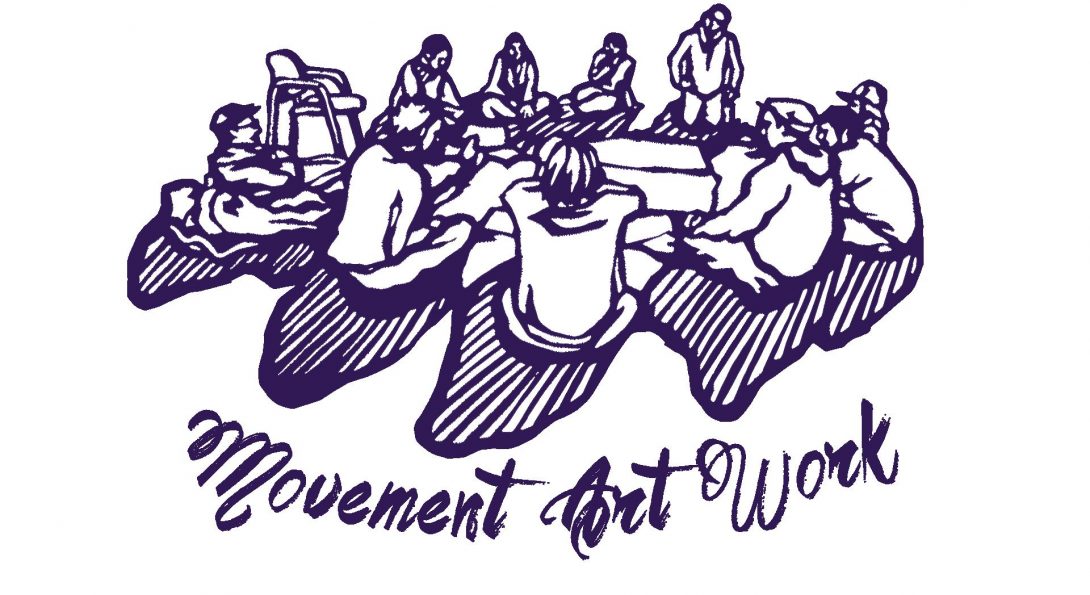 Drawn illustration of people sitting in a circle on the floor, and the words 