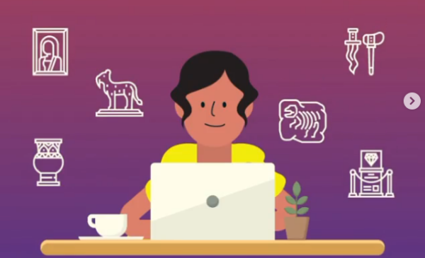 Animated drawing of a smiling person with black hair and a yellow top sitting at a table in front of a laptop computer, with drawing of museum objects bouncing up and down in the air around them.