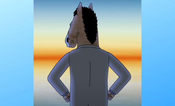 A human figure with a horse's head stands with his back facing us, looking out at the ocean