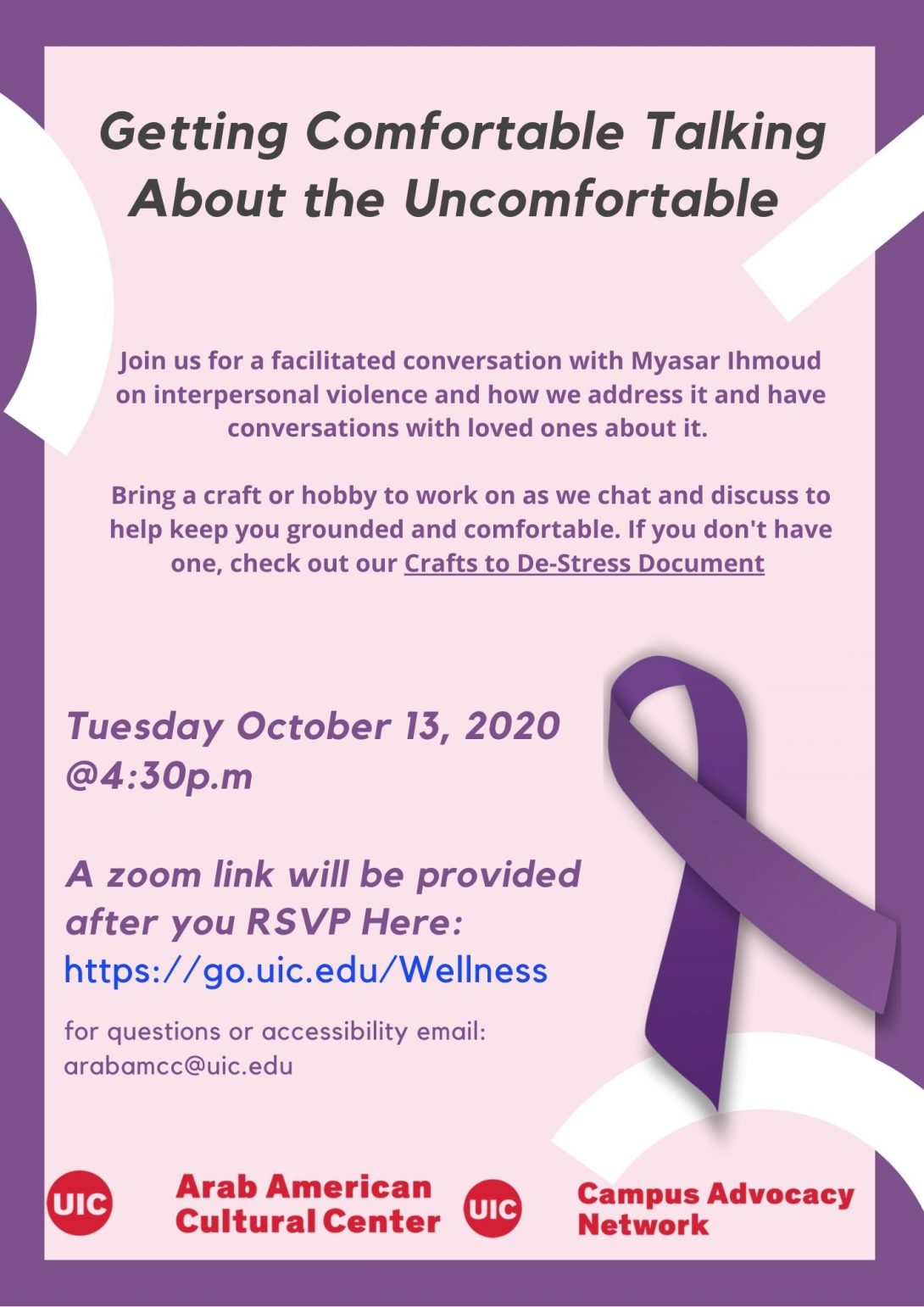 A purple ribbon commemorating Domestic Violence Awareness Month on a pink background with purple text describing the event.