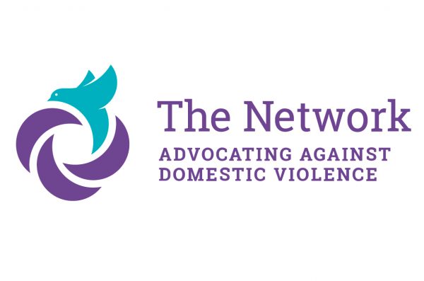 The Network: Advocating Against Domestic Violence. Includes a blue bird flying with circular, moonlight shapes surrounding it.