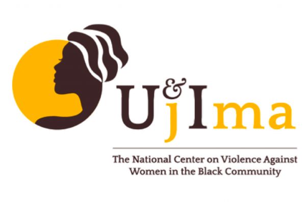 UjIma, The National Center on Violence Against Women in the Black Community logo. Includes a woman in a dark brown color with a yellow circle in the background