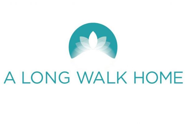 Long walk home logo. Features a white floral element blooming in front of a teal circle