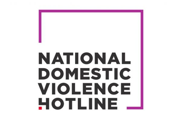 National Domestic Violence. Includes a thin, purple square outline with the name in the bottom left corner.