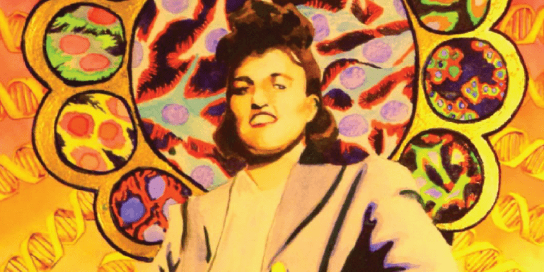 Henrietta Lacks. Looking out onto the audience with a smiling face and a wide assortment of colors and shapes behind her
