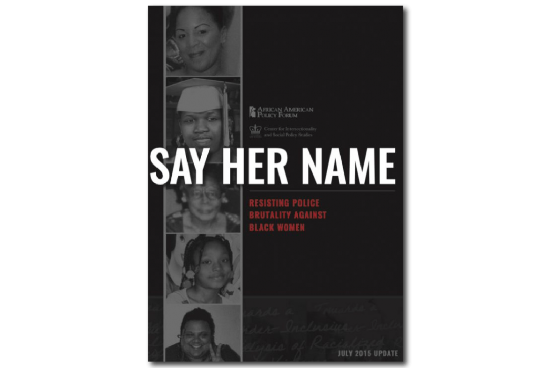 Cover from report. Words in white against black background. Black and white images of 5 Black females on the left side of page