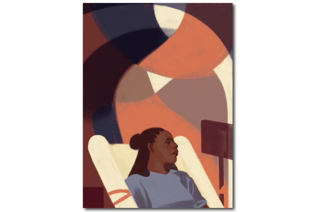 Painting Art work. Upper body of Black woman sitting on a chair. Colorful and abstract background.