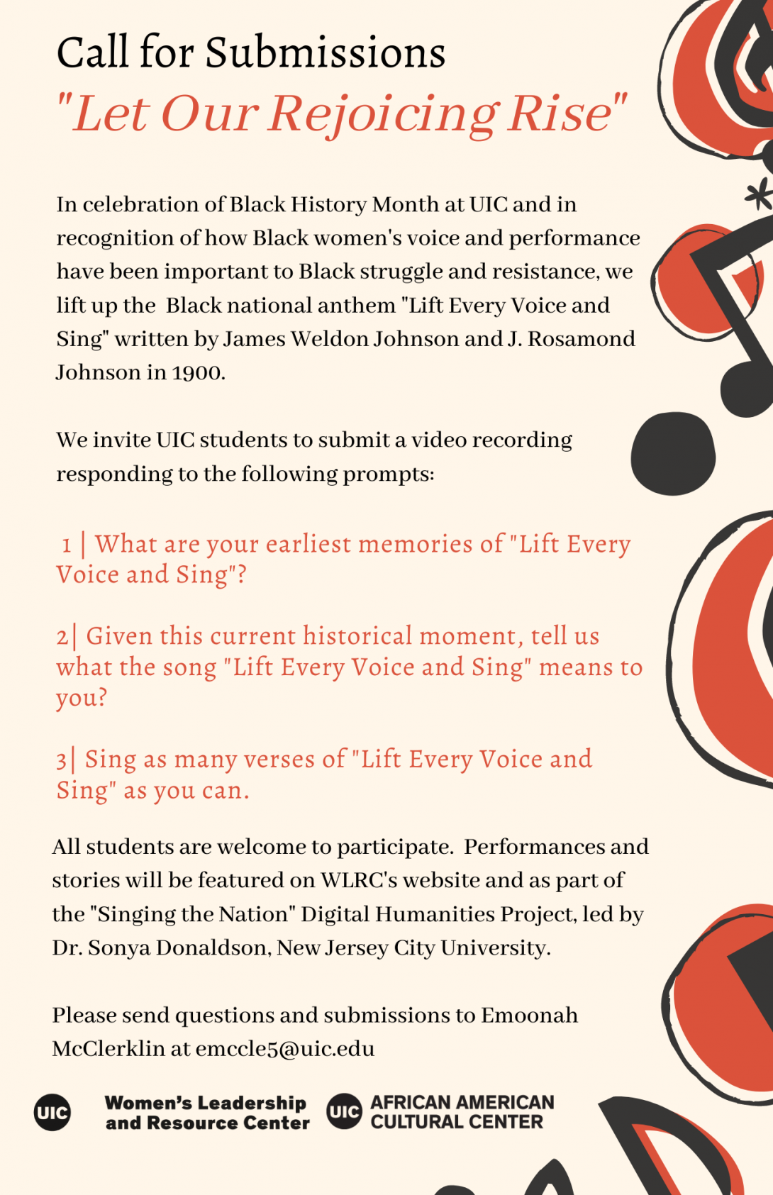 Black music notes and red circles on a beige background with the Call for Submissions text