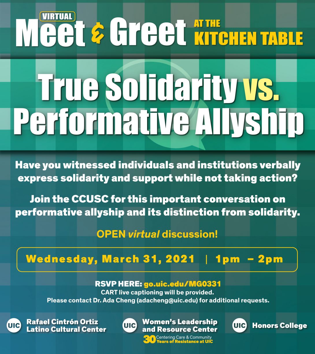 The color for the flyer is green. At the top, Meet & Greet in white, at the Kitchen Table in yellow. In the middle is True Solidarity vs. Performative Allyship and event details in white. At the bottom are the three co-sponsors in white.