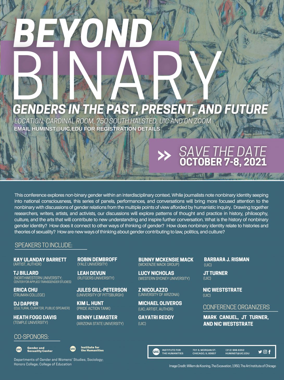 Beyond Binary conference flyer featuring The Excavation by Willem de Kooning in the background of text describing the conference.