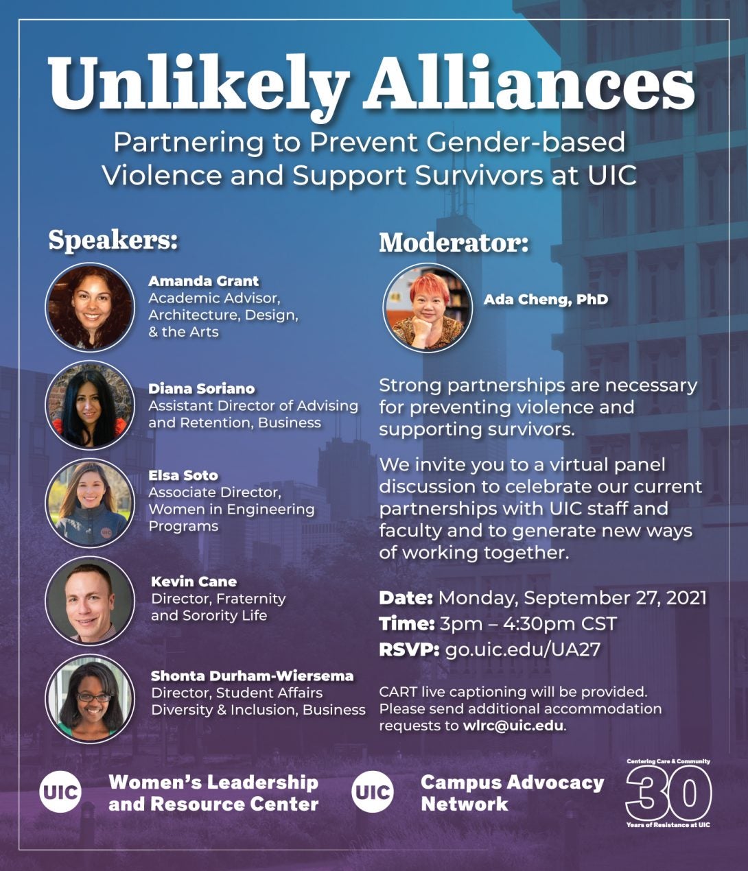 A faded image of some of UIC's campus buildings and the Chicago skyline, overlaid in a blue and purple gradient, and headshots of the event speakers with text describing the event