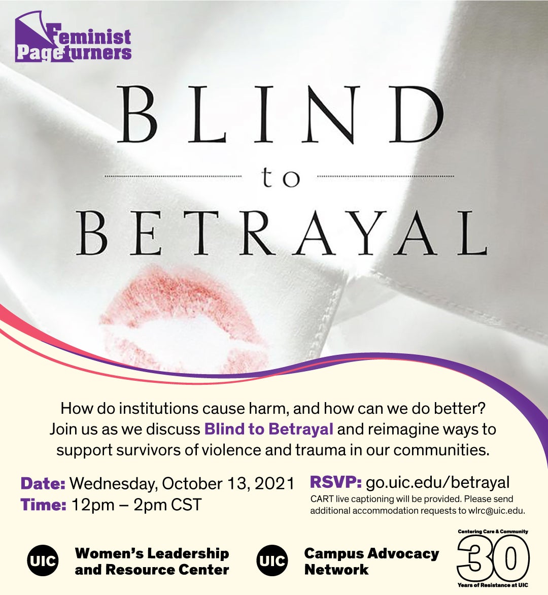 A portion of the book jacket of _Blind to Betrayal_, which features a kiss-shaped red lipstick stain on a white shirt collar. Below that is text describing the event.