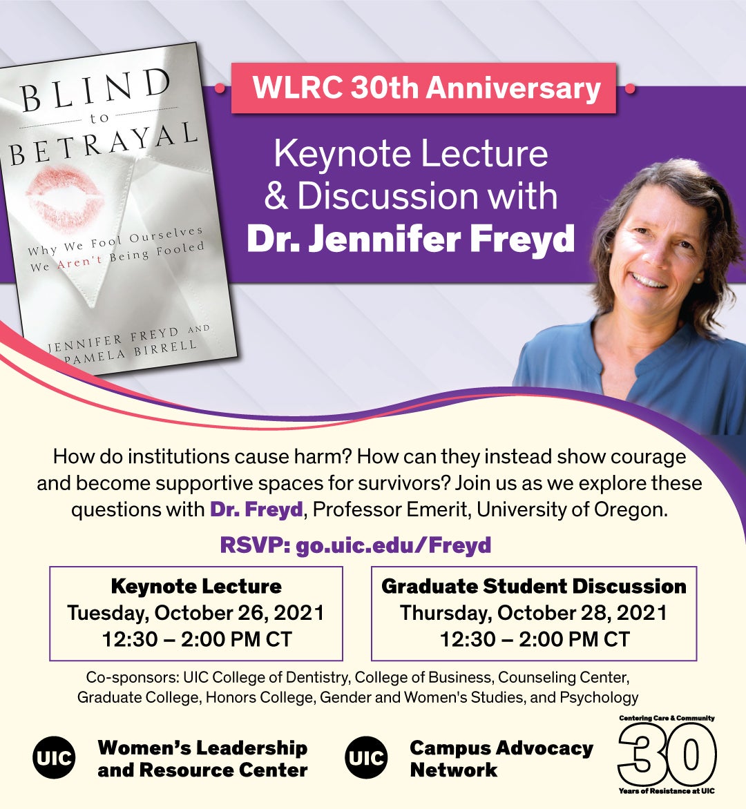 The book jacket of _Blind to Betrayal_, which features a kiss-shaped red lipstick stain on a white shirt collar, next to a photo of Dr. Jennifer Freyd. Below that is text describing the event.