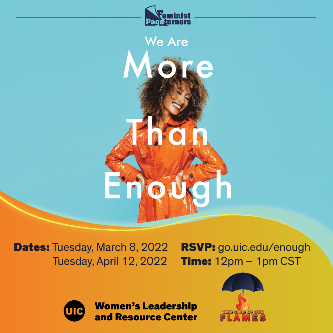 Cover of More than Enough book, featuring Elaine Welteroth smiling in an orange trenchoat, on a light blue background. Below that are the dates, times, and RSVP link for the event, as well as the WLRC and Take Care of Our Flames logos.