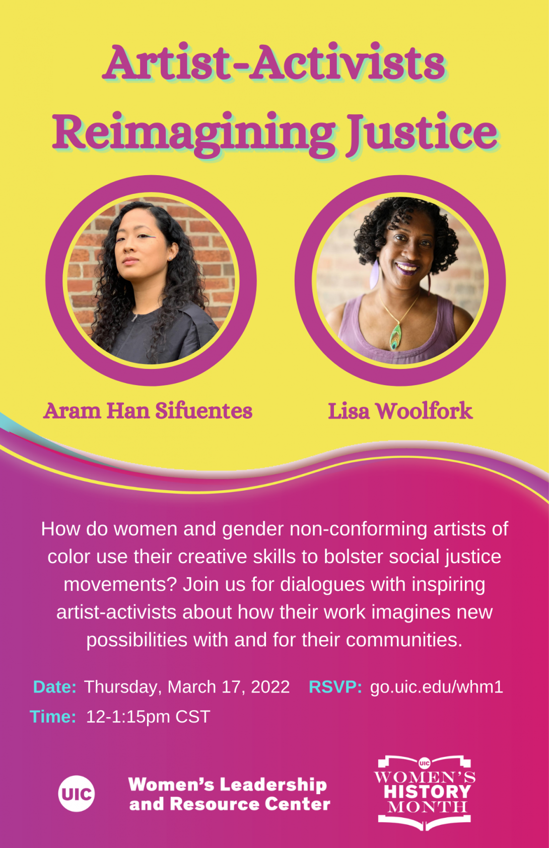 Headshots of Aram Han Sifuentes and Lisa Woolfork, on a yellow background. The event title appears in magenta text at the top. Below the speaker photos are the date, time, and RSVP link in white and blue text on a magenta background, and the WLRC logo.