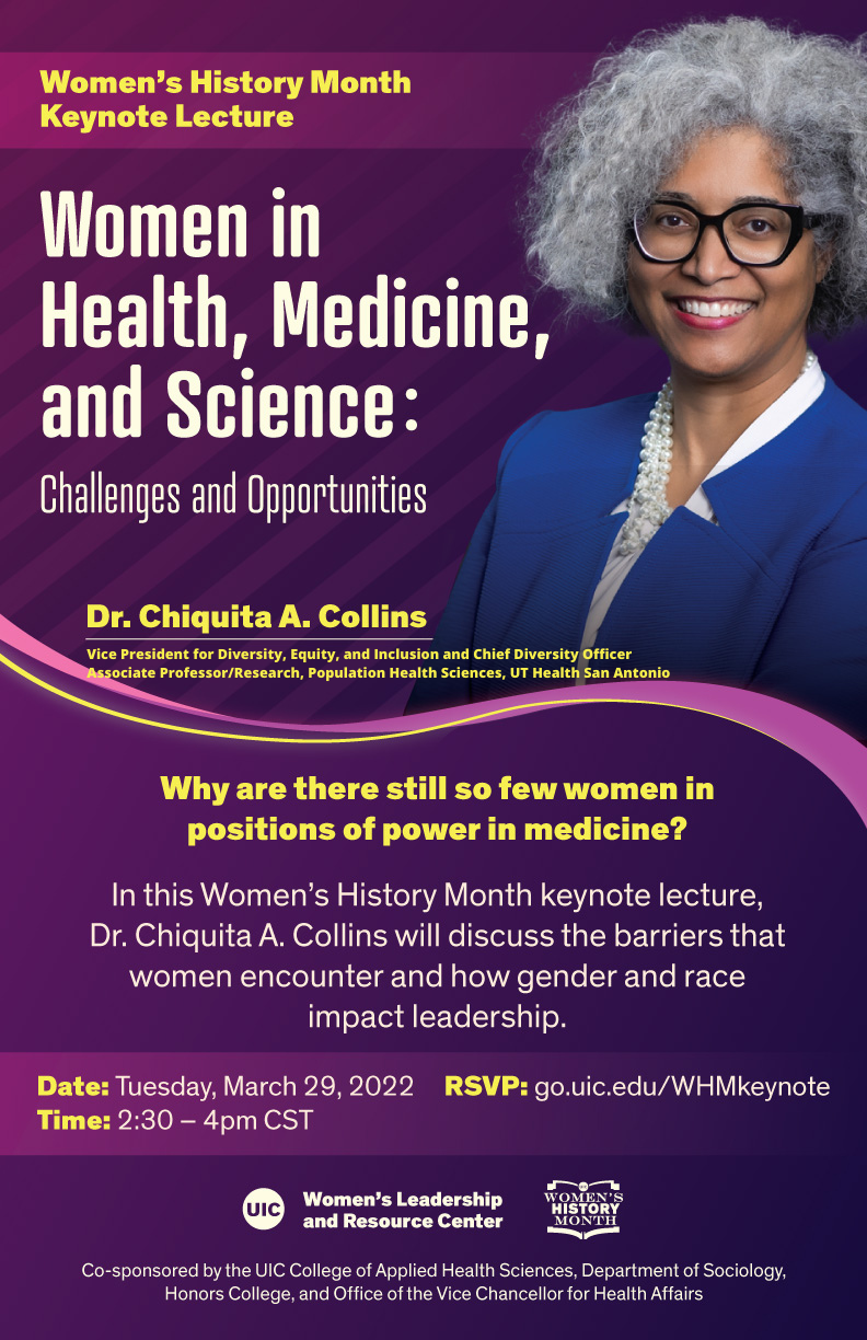 Dr. Chiquita A. Collins, seen from the chest up, smiling toward the camera, on a purple background. Text in yellow and white describes the event.