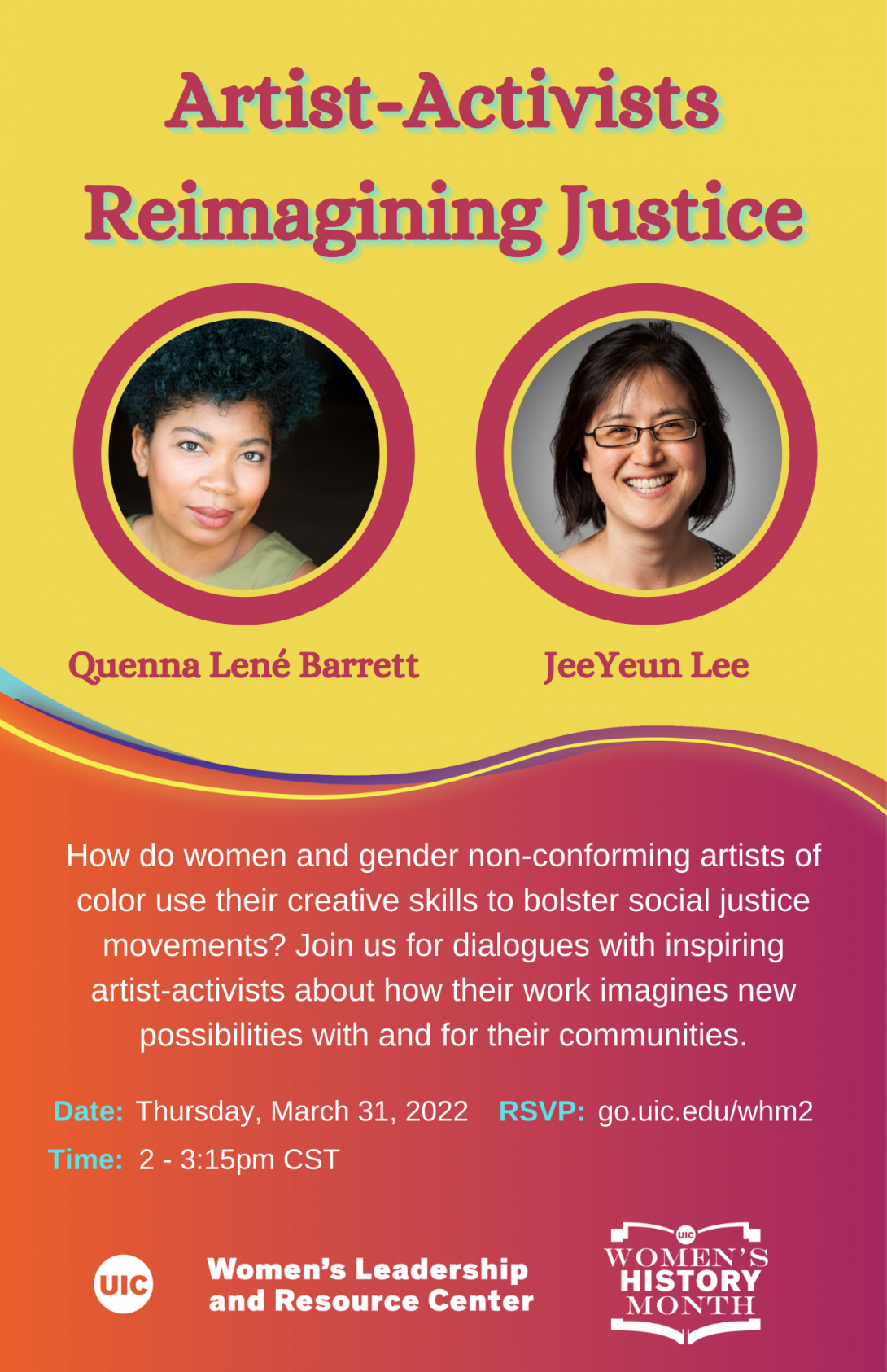 Headshots of Quenna Lené Barrett and JeeYeun Lee, on a yellow background. The event title appears in magenta text at the top. Below the speaker photos are the date, time, and RSVP link in white and blue text on an orange-magenta gradient background, and the WLRC logo.