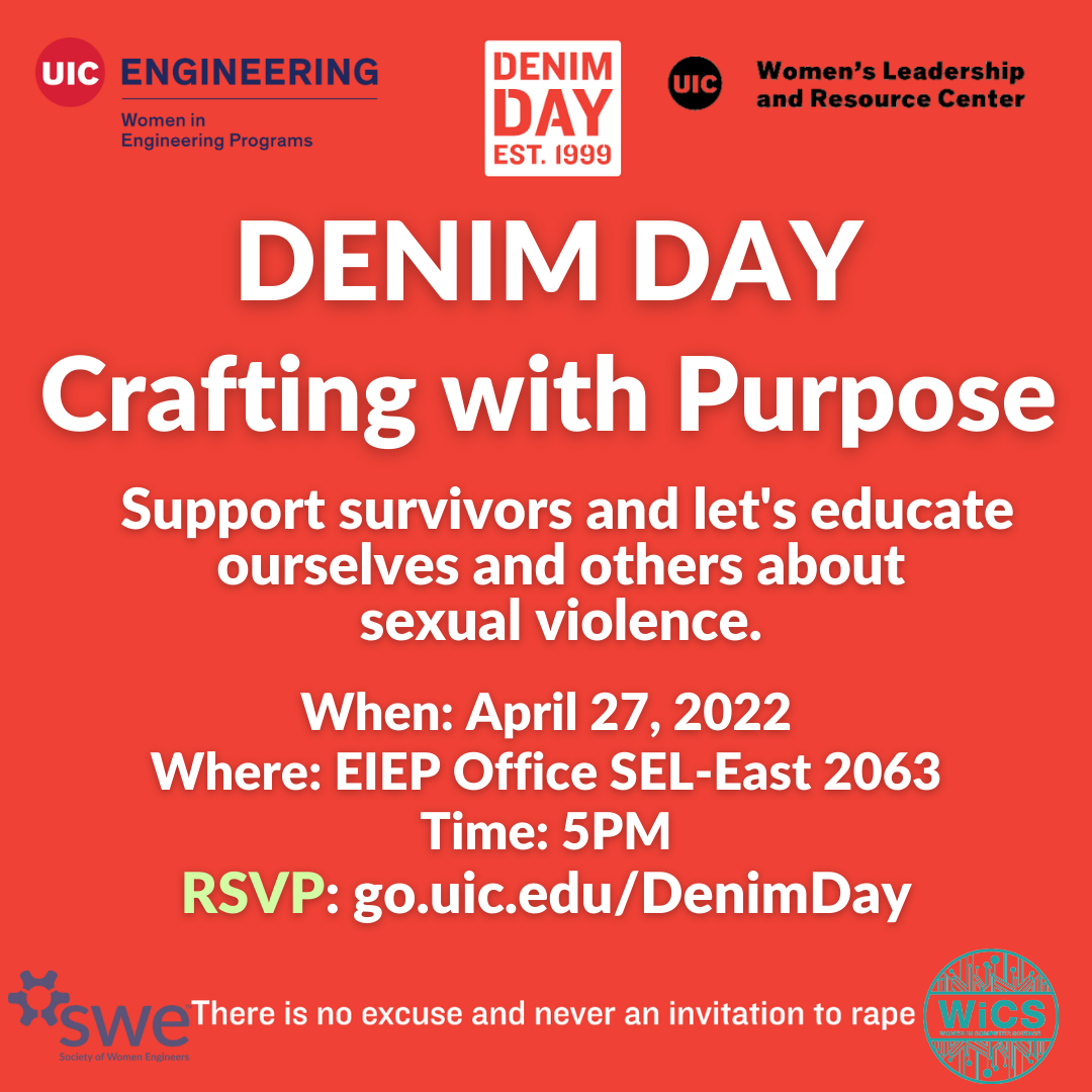 White text on a red background: DENIM DAY. Crafting with Purpose. Support survivors and let's educate ourselves and others about sexual violence. Below that is the date, time, location, and RSVP link. In the four corners are the co-sponsors' logos.