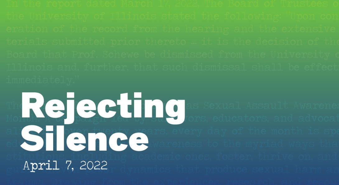 Rejecting Silence graphic with a green to blue gradient in the back along with a portion of the directors note