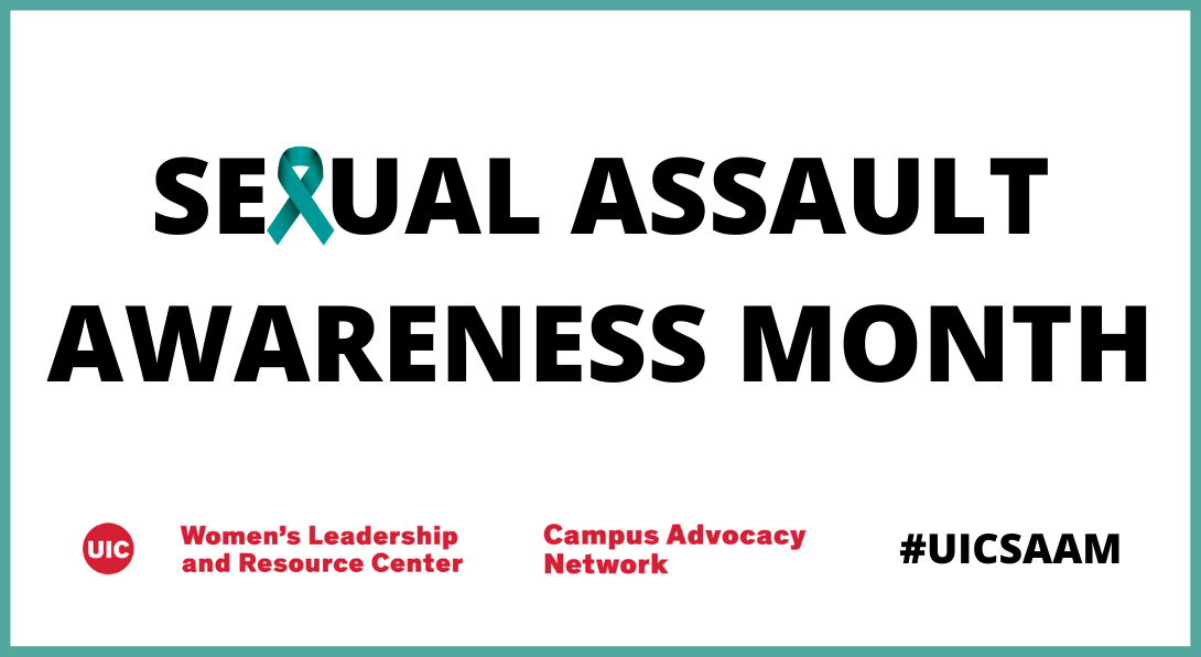 Sexual Assault Awareness Month in black letters with a teal awareness ribbon in place of the 