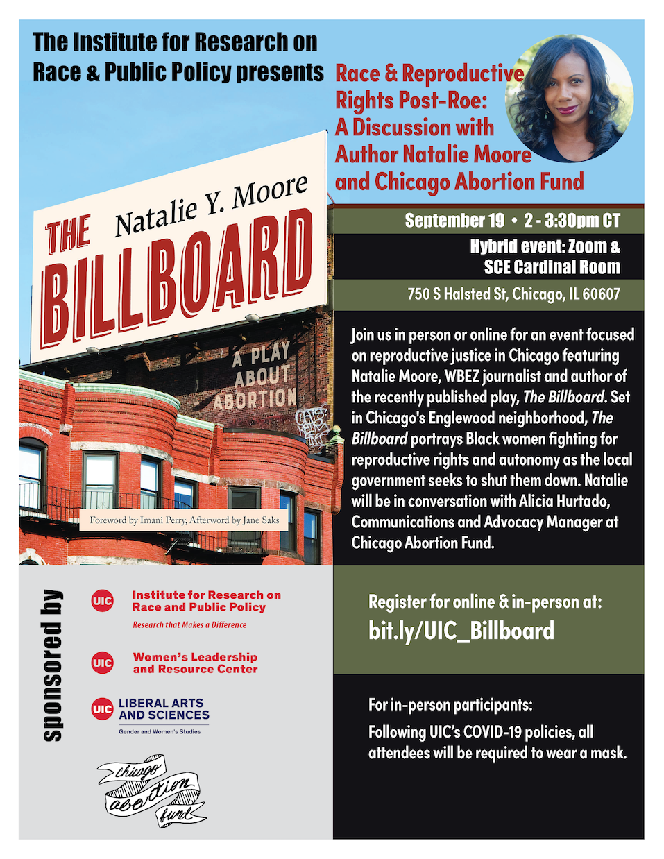 The cover of The Billboard, featuring a billboard hanging above a Chicago apartment building. To its right is a photo of Natalie Moore. Below that are details about the event (the same info on this page).