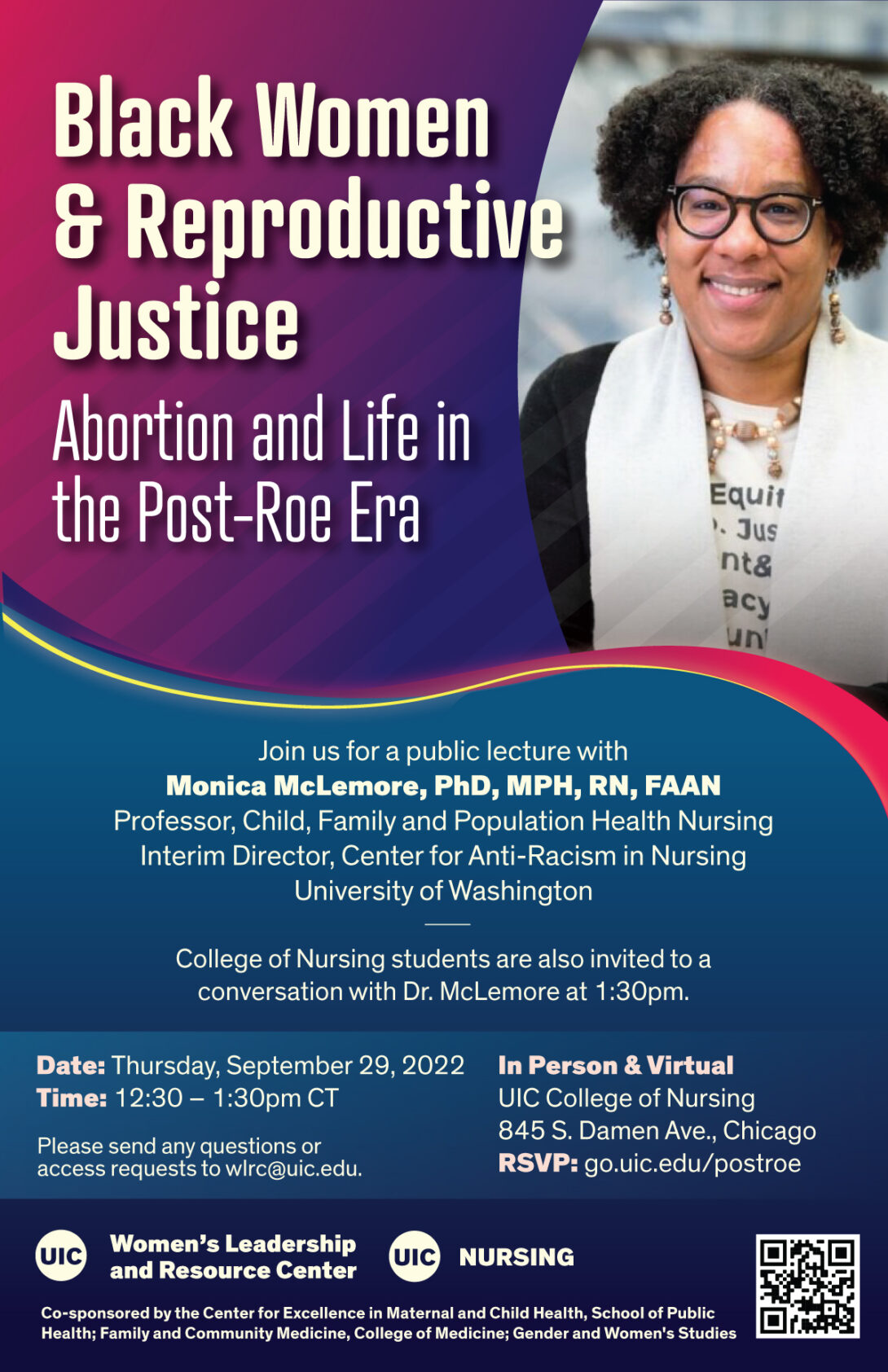 Dr. Monica McLemore smiling toward the camera. To her left is the title of the event in yellow text on a purple background: 