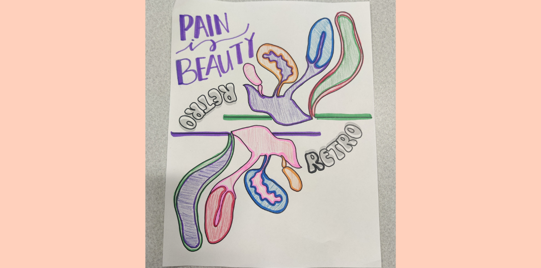 An interpretive drawing of reproductive organs colored in with various colored pencils. Text above the it reads, 