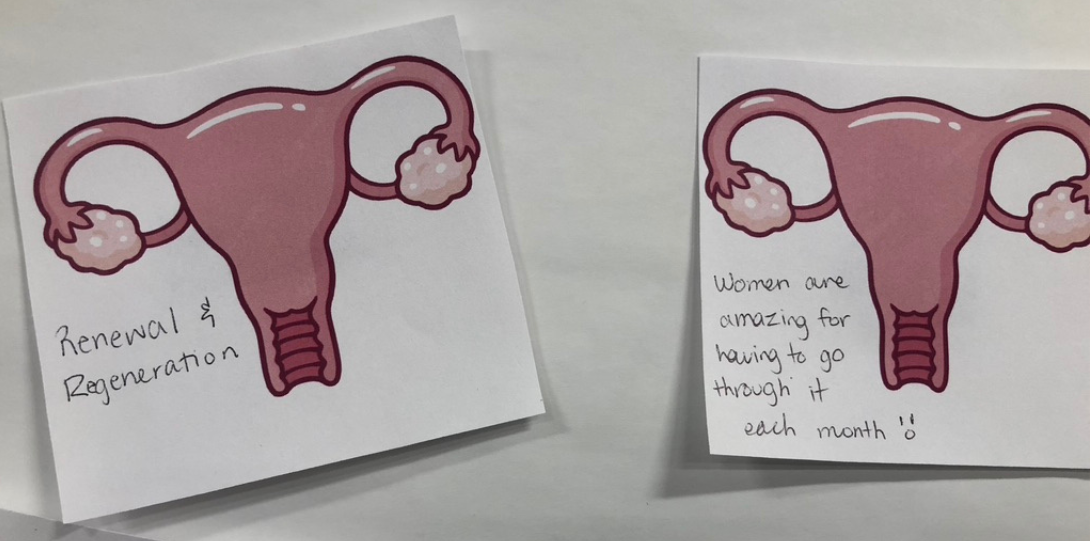 Two sticky notes with a pink uterus. Written on one note is 