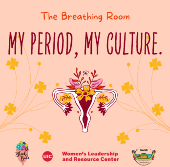 A uterus and fallopian tubes with yellow, pink, and red flowers coming out the top, on a pink background with yellow wildflowers. At the top is the title of the event in orange and red text. At the bottom are the co-hosting organizations' logos. 