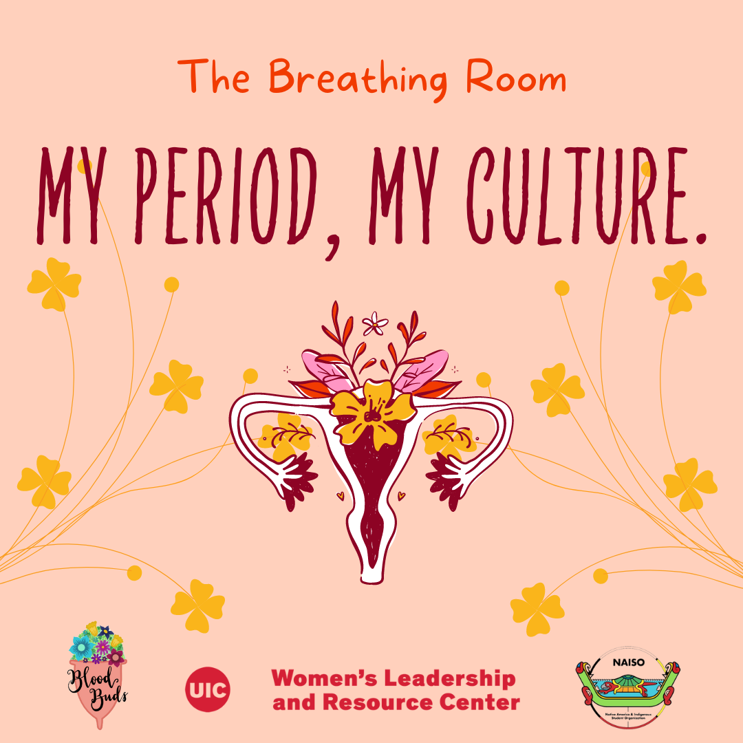 A uterus and fallopian tubes with yellow, pink, and red flowers coming out the top, on a pink background with yellow wildflowers. At the top is the title of the event in orange and red text. At the bottom are the co-hosting organizations' logos.