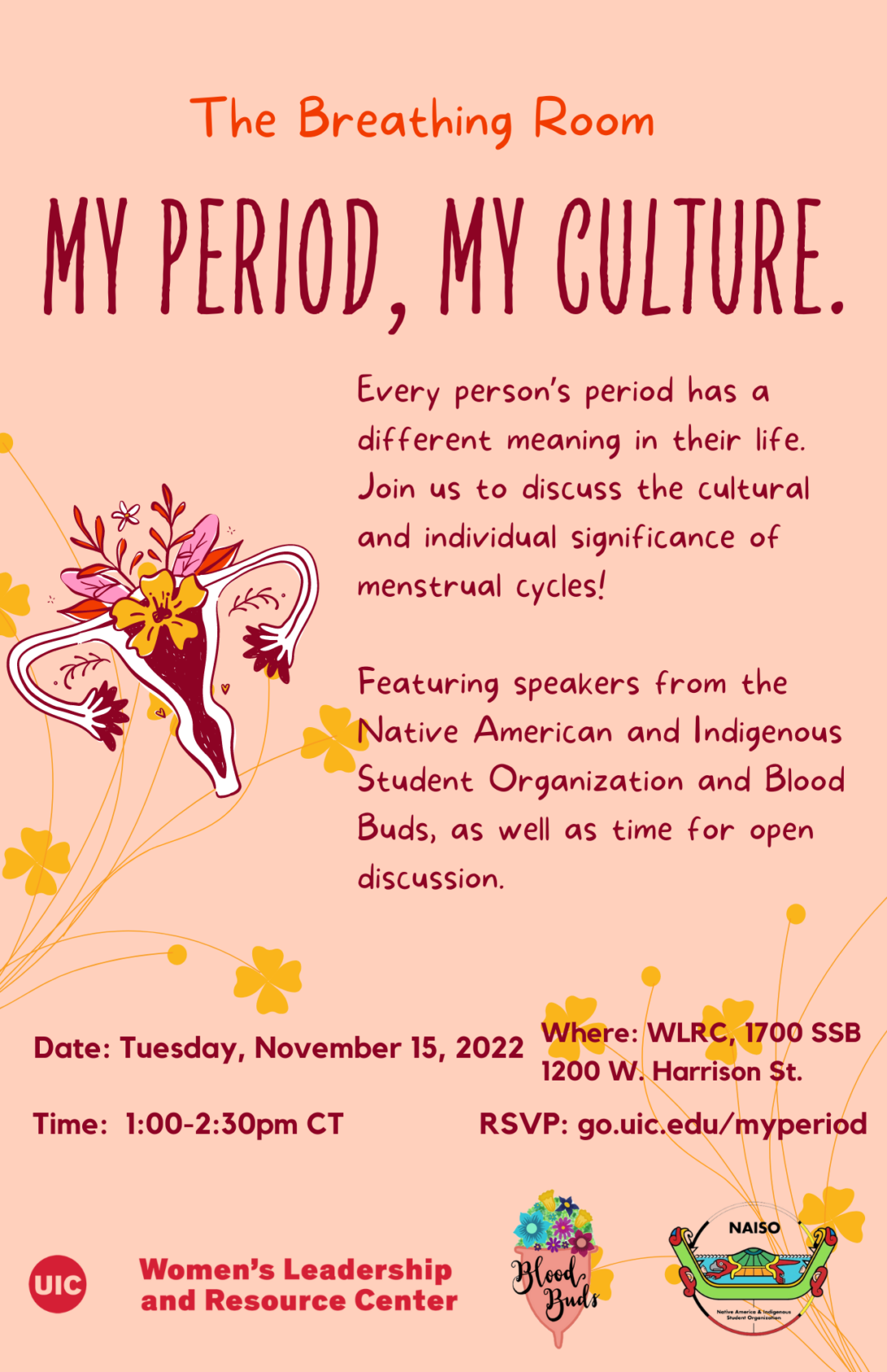 A uterus and fallopian tubes with yellow, pink, and red flowers coming out the top, on a pink background with yellow wildflowers. At the top is the title of the event in orange and red text. In the middle, next to the uterus, is text describing the event (same text on this page). At the bottom are the co-hosting organizations' logos.