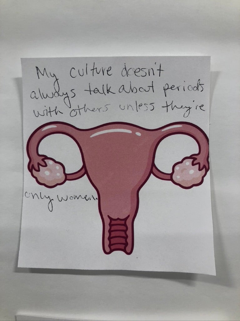 A sticky note response to the question, “What does your culture say about periods?” The sticky note reads, “My culture doesn’t always talk about periods with others unless they’re only women.”