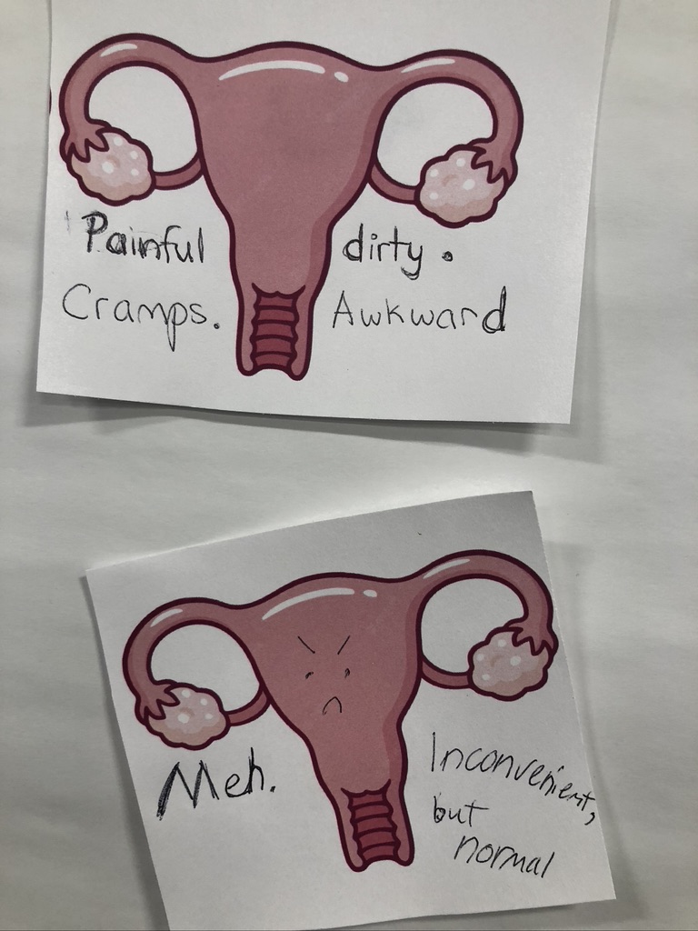 Two uterus sticky notes, one above the other, both responding to the question, “What do you think about periods?” The one that is above reads, “Painful. Dirty. Cramps. Awkward.” and the one below reads, “Meh. Inconvenient, but normal.”