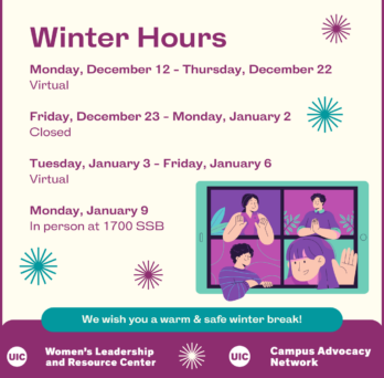 A mobile device screen showing four people smiing and waving at each other through a virtual meeting platform, on an off-white background. Magenta text next to it outlines WLRC's winter hours (same info on this page). At the bottom are the text 