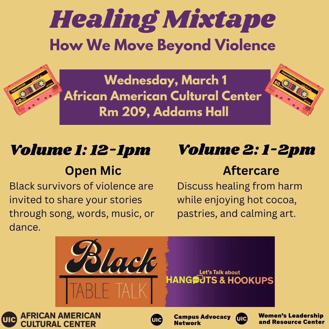 Promotional poster: Purple and black text describing the event on a mustard yellow background. An orange and yellow cassette tape is on the right and left side of the text. At the bottom are logos for Black Table Talk and Hangouts & Hookups, as well as the sponsor logos.