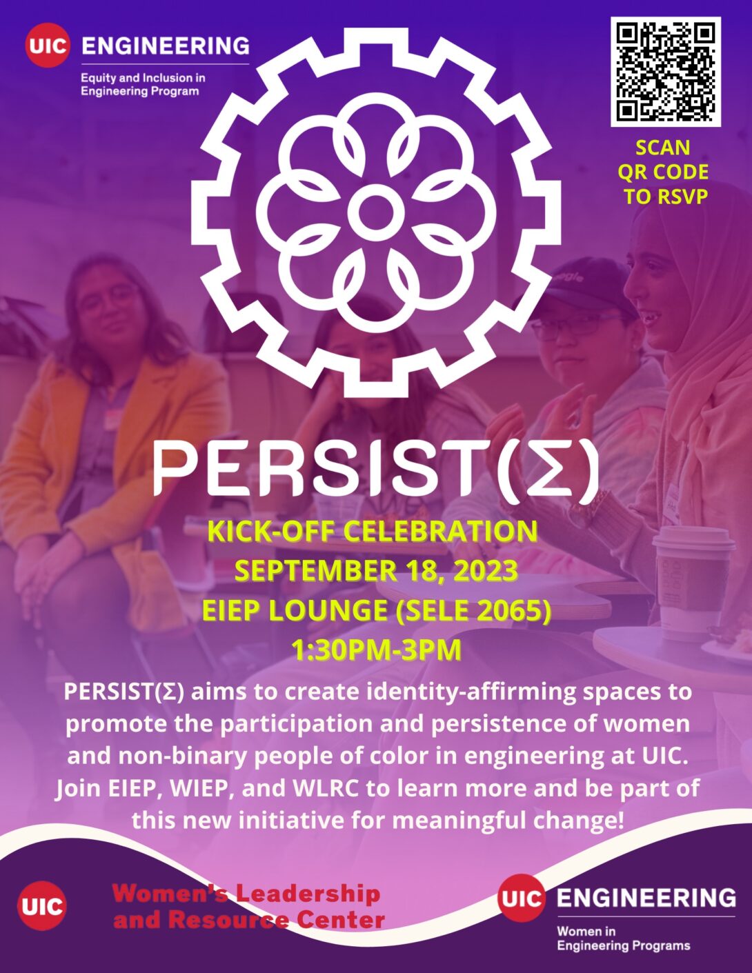 A photo of students sitting in a classroom and having a discussion, washed in a pink-purple gradient. On top of that is the PERSIST(Σ) logo, a stylized gear, and details about the kickoff celebration, in white and yellow text (same info on this page)..