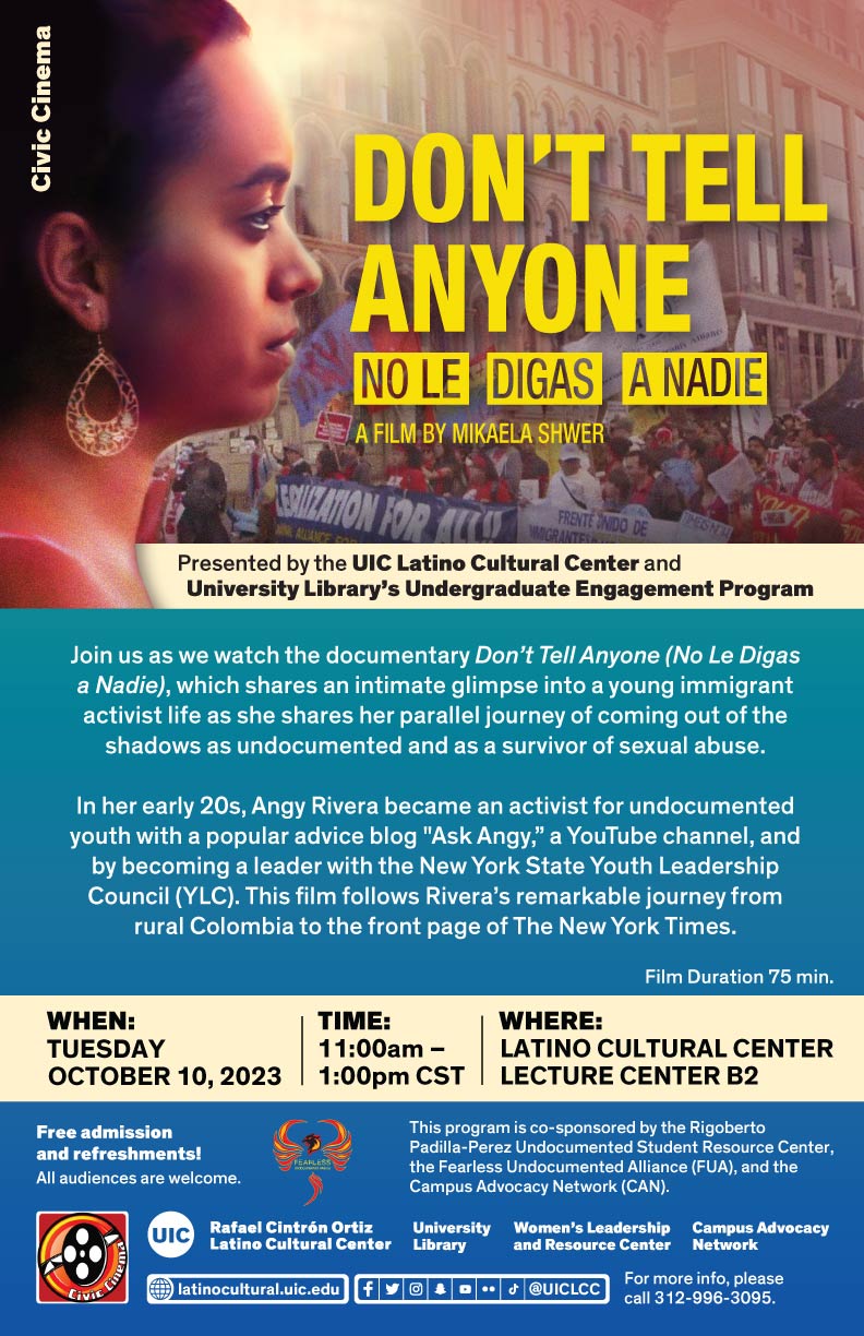 Promotional poster featuring Angy Rivera, a Colombian woman, facing sideways. To her right is a photo of a large pro-immigrant demonstration. Below the images are details about the event (same info on this page).