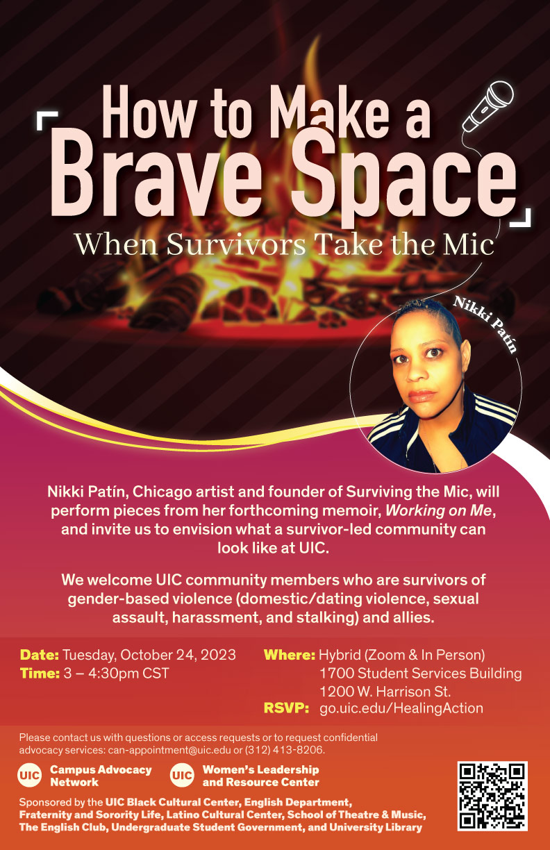 Promotional poster: At the top is a burning fire with the event title and microphone superimposed on it. Below that is a photo of Nikki Patín and white text describing the event (same info on this page) on an orange-magenta gradient background.