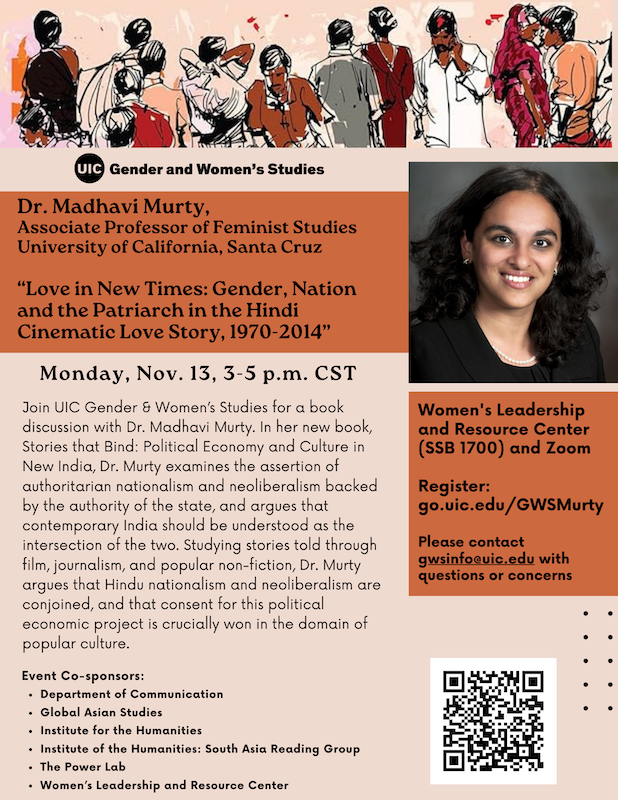 Promotional poster: Line drawings of a crowd of people, some alone, some mingling and embracing. Below that is a photo of Dr. Madhavi Murty, along with text describing the event, all on a peach- and rust-colored background.