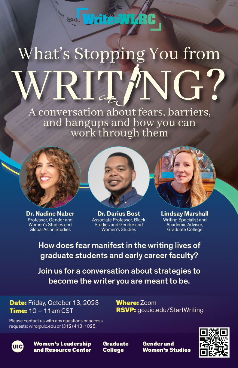 Promotional poster: At the top is a hand holding a pen and writing in a journal. Below that are photos of the three guest speakers and details about the program (same info on this page).