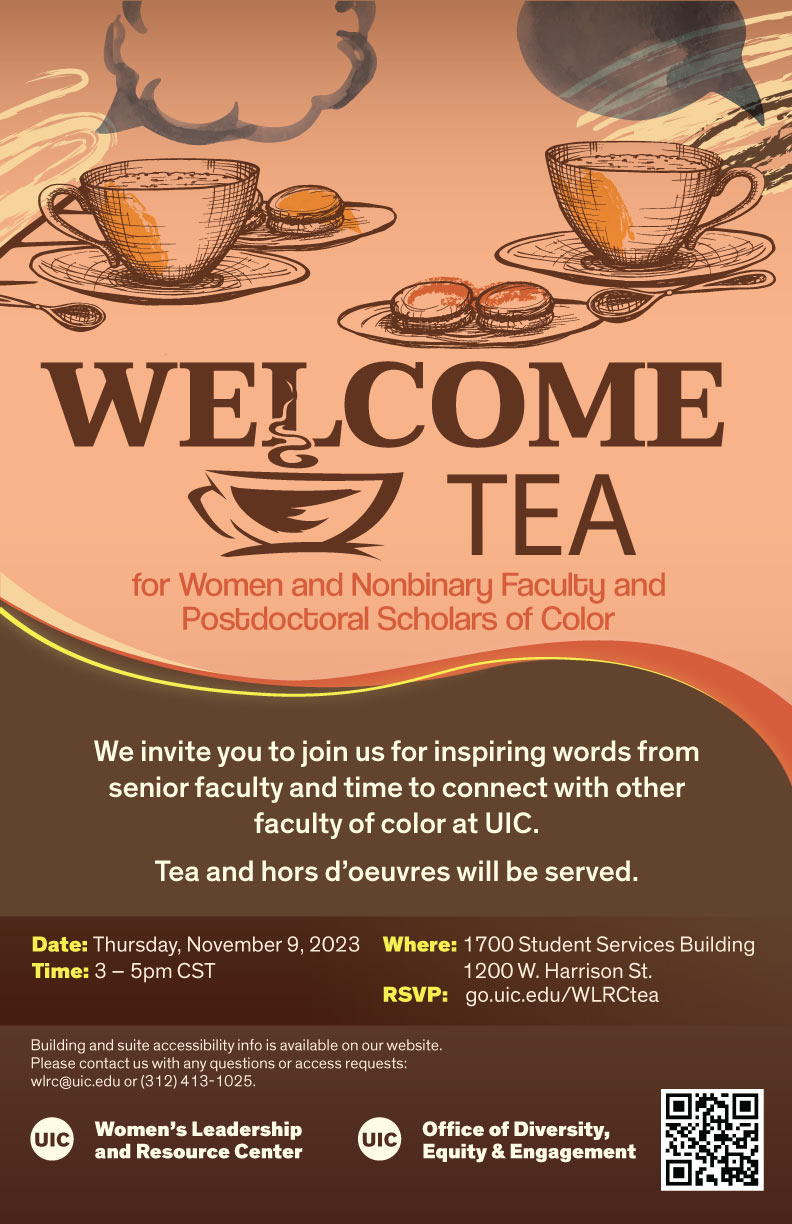 Promotional poster: At the top are teacups with saucers and spoons and plates of cookies. The event title appears in brown text on a peach background. Below that is white text describing the event (same info on this page) on a brown background.