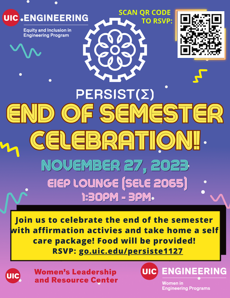 Promotional poster: At the top is the PERSIST(Σ) logo, which features a gear with a flower inside it, in white. Below that is yellow, blue, and pink text describing the event (same info on this page) on a purple-pink gradient background. Scattered around the poster are multicolored ribbons.