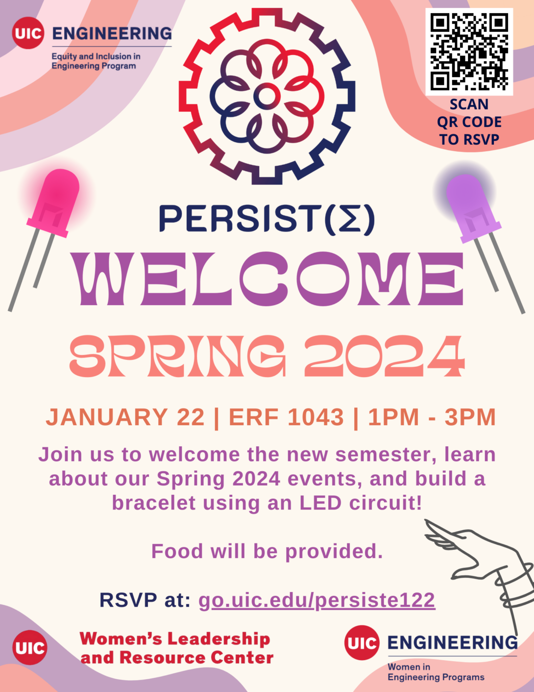 Details about the PERSIST(Σ) Spring Welcome (same text on this page) in purple and orange text on a cream background. Above the text is the PERSIST(Σ) logo, a stylized gear. At the bottom right is a hand with bracelets on it.