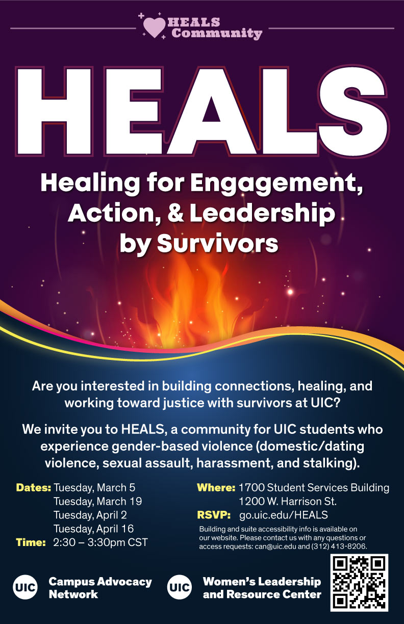 Promotional poster: The event title in white text over a purple background, with flames rising from the bottom center. Below that is white text on a blue background describing the HEALS affinity space (same info on this page).