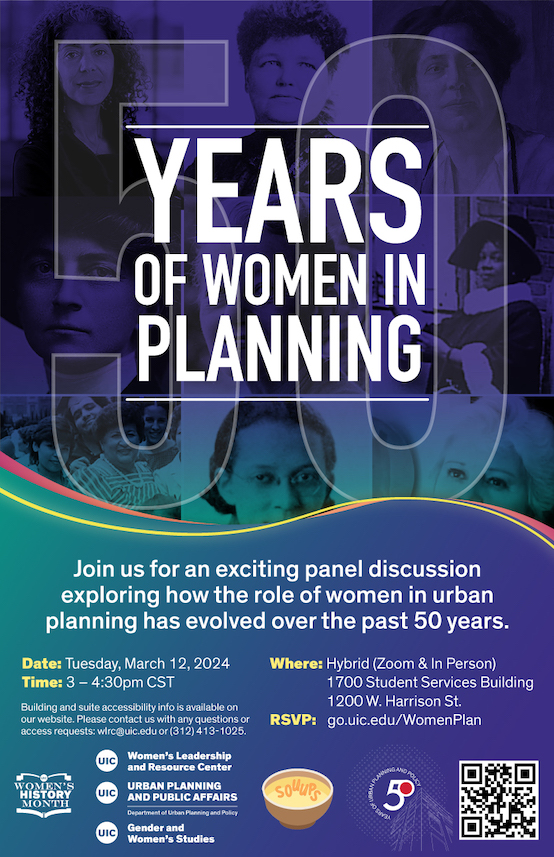 Promotional poster: A collage of women urban planners, washed in a purple-blue gradient. White text on top of the collage reads, 
