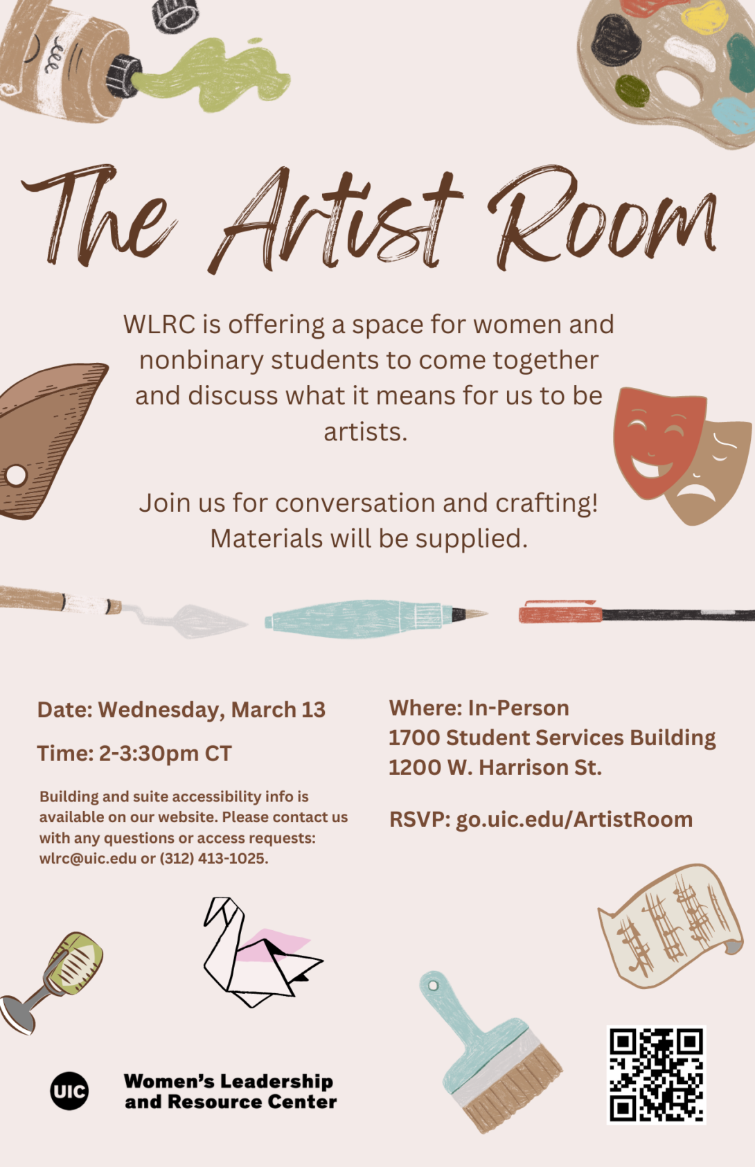 Promotional poster: A variety of art-related items, including paint, a palette, theatre masks, brushes, sheet music, a microphone, and an origami crane, scattered around the edges. In the center is text describing the Artist Room event (same info on this page).