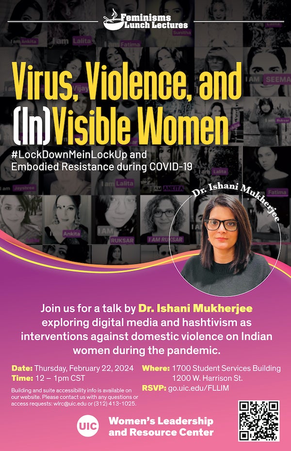 Promotional poster: At the top is a collage of black-and-white photos of people's faces posted as part of an anti-domestic-violence social media campaign. Below that is a photo of Dr. Ishani Mukherjee and text describing the program (same info on this page).